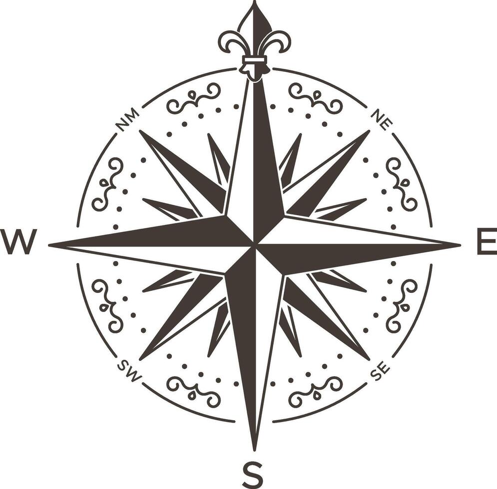 Vintage compass rose with fleur de lis symbol pointing north, indicating direction and navigation, featuring detailed design and cardinal points vector