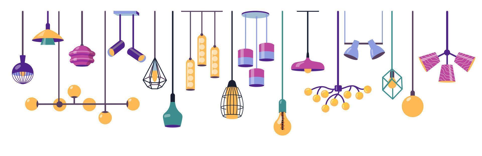 Hanging lamps. Modern ceiling pendant light with different lampshades, creative electric home room decoration, contemporary illumination equipment. isolated set vector