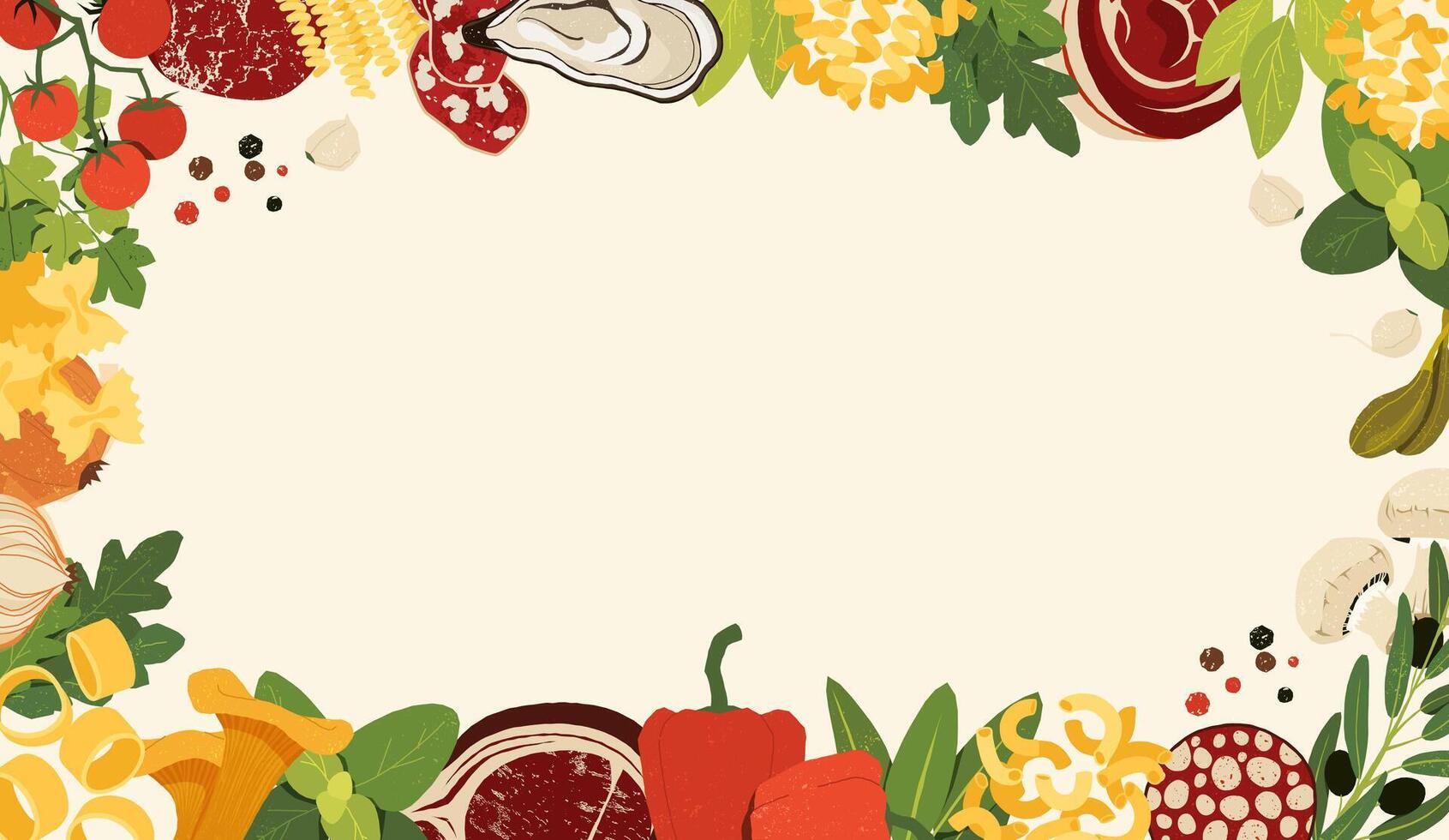 Italian food frame. Traditional national cuisine ingredients, pasta olive tomatoes cheese and spices. cartoon restaurant menu background vector