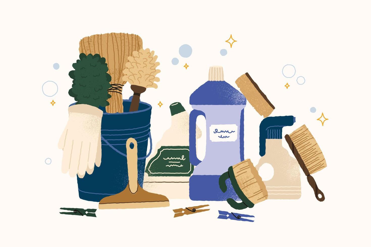 Cleaning equipment concept. Doodle home and office hygienic tools, brushes and buckets with detergent, glove and sponge. isolated set vector
