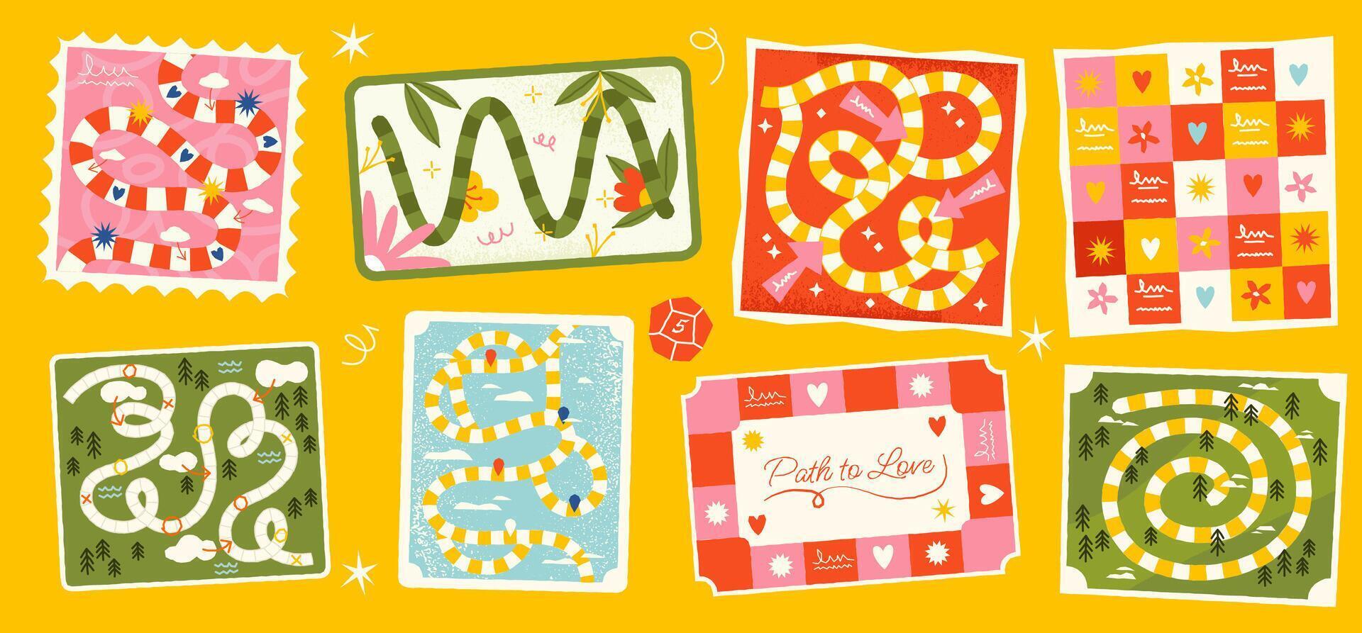 Step by step board game. Maze race puzzle with path and arrow, blank strategy boardgame template for children. maze board game vector