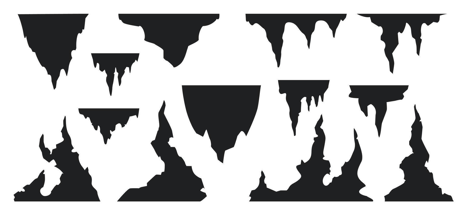 Silhouette stalagmites. Cartoon game asset of dark underground cave with stone formations, geology background elements. stalactites and stalagmites set vector