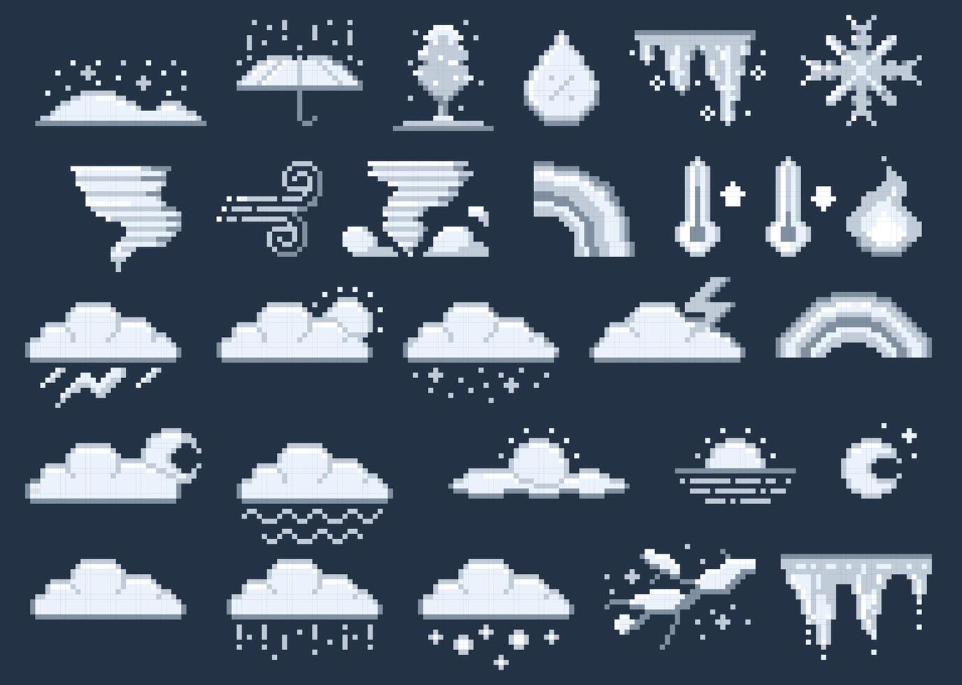 Weather 8-bit symbols. Retro game weather icons, sun cloud rain and snow, meteorology forecast and climate indicator. isolated set vector