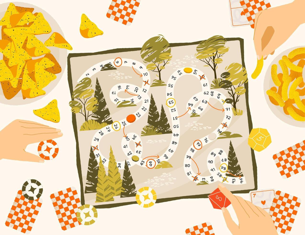 Playing board game top view. Cartoon characters playing strategy board game on table, friends family spending time together. illustration vector