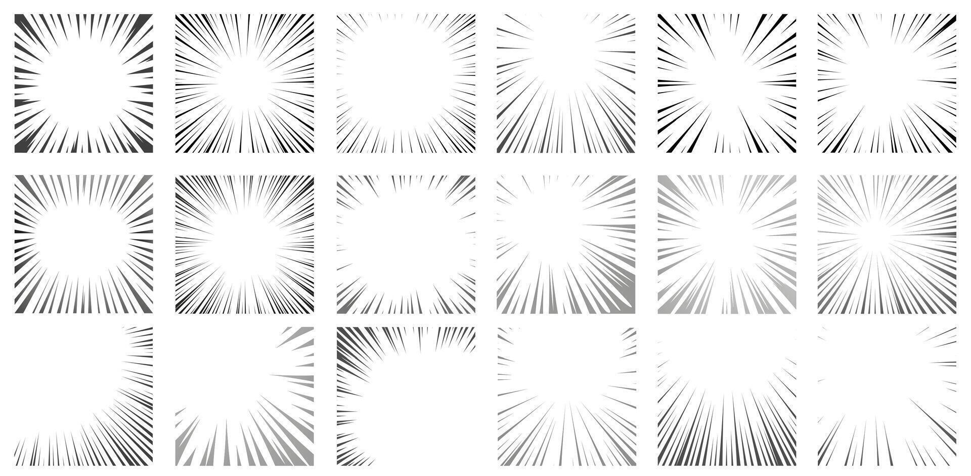 Manga radial frame. Anime circle borders with different concentrated line decorations. Speed and impact starburst illustration set vector