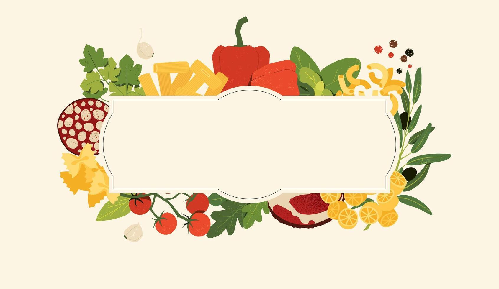 Italian food banner. Abstract poster with traditional mediterranean pasta, vegetables and meat. illustration of Italian dishes ingredients for restaurant menu design vector