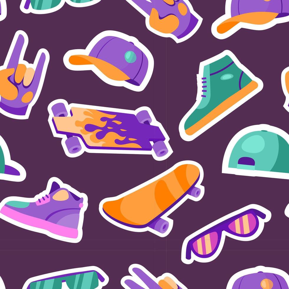Skateboard pattern. Seamless print of street sport skateboarder equipment, kids doodle background for t-shirt design. texture vector