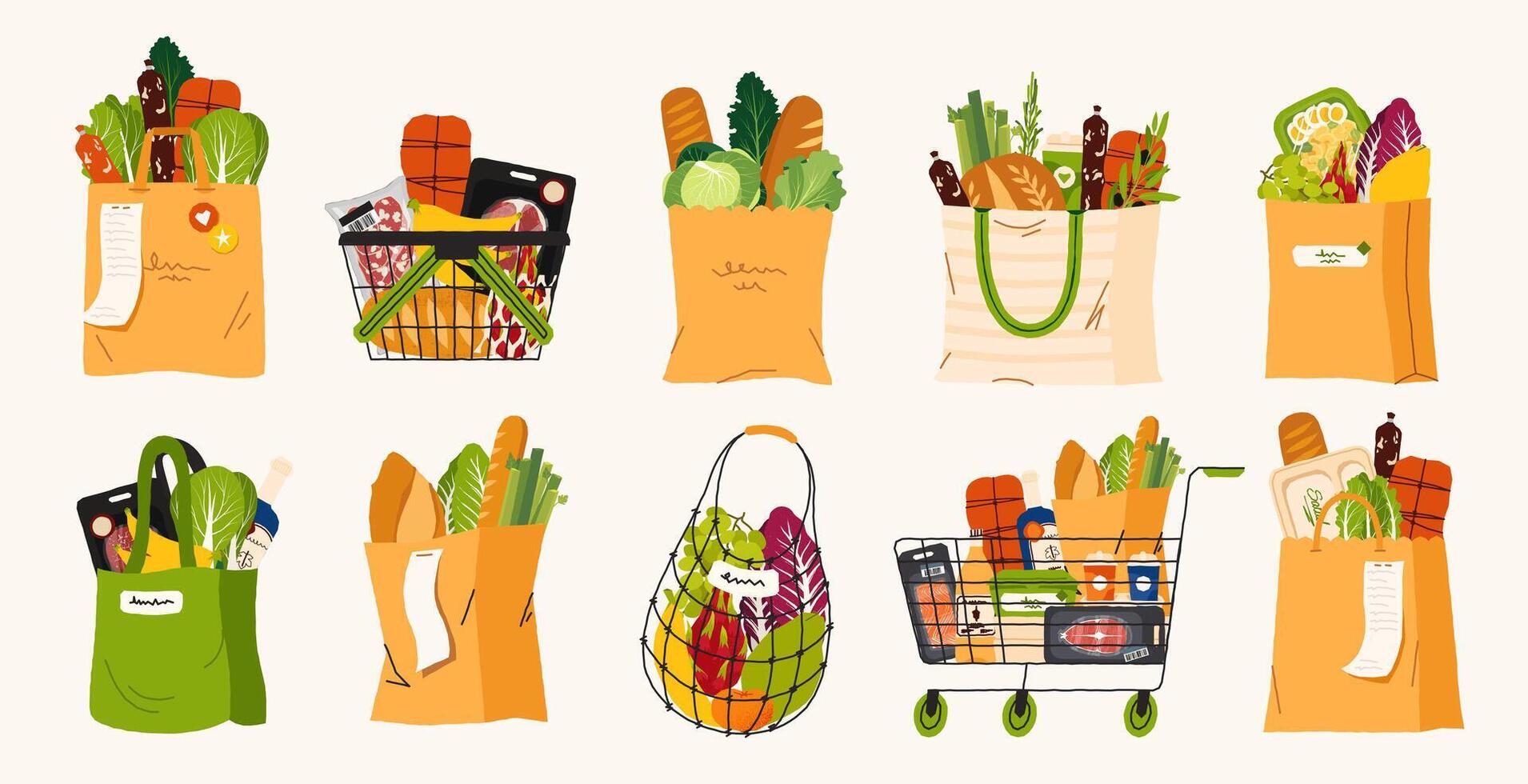 Shopping bags and baskets. Plastic paper and fabric bags for grocery, supermarket and store package with vegetables and dairy. isolated set vector