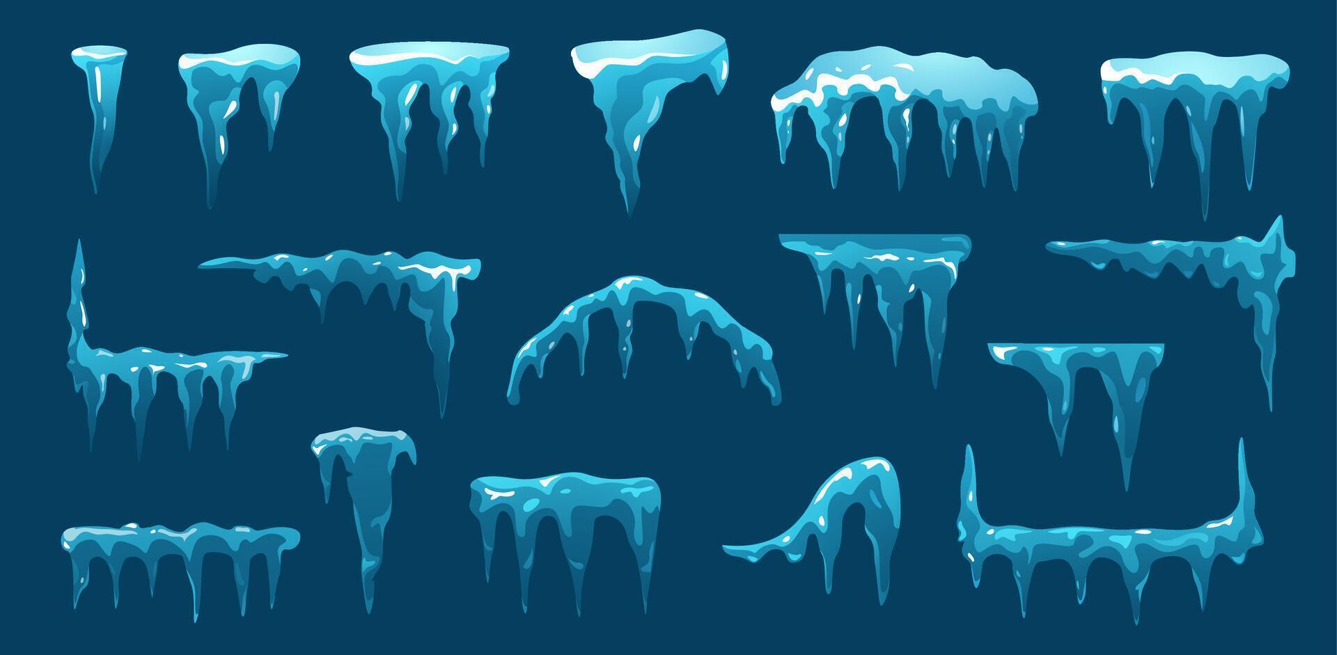 Cartoon blue icicles. Frozen ice spikes hanging down, cold frost weather elements, frozen snow water drops melt frosty icy weather. isolated set vector