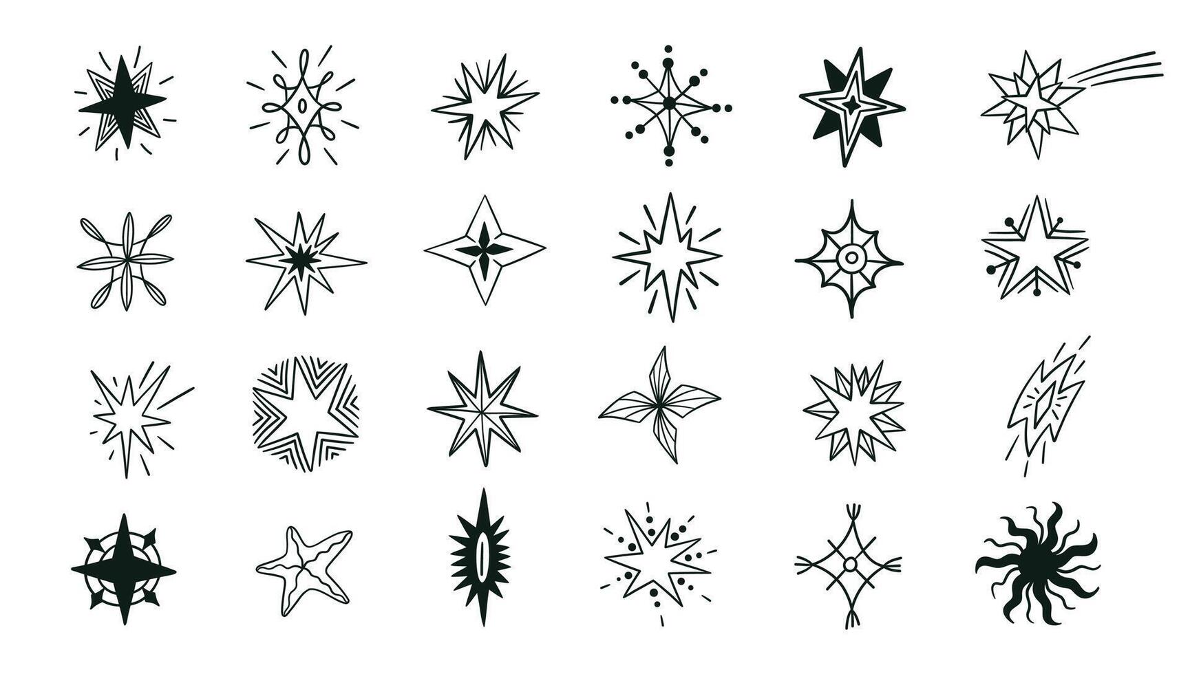 Hand drawn stars. Abstract black silhouettes of night sky different shapes and sizes. Premium quality rating achievement insignia set vector