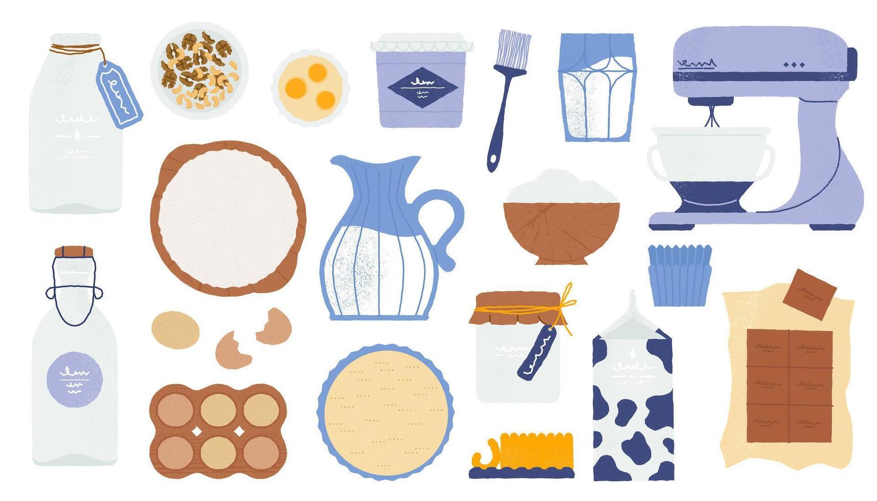 Bakery ingredients. Cartoon kitchen utensils and baking tools with flour sugar eggs butter and vanilla, cooking equipment flat style. set vector