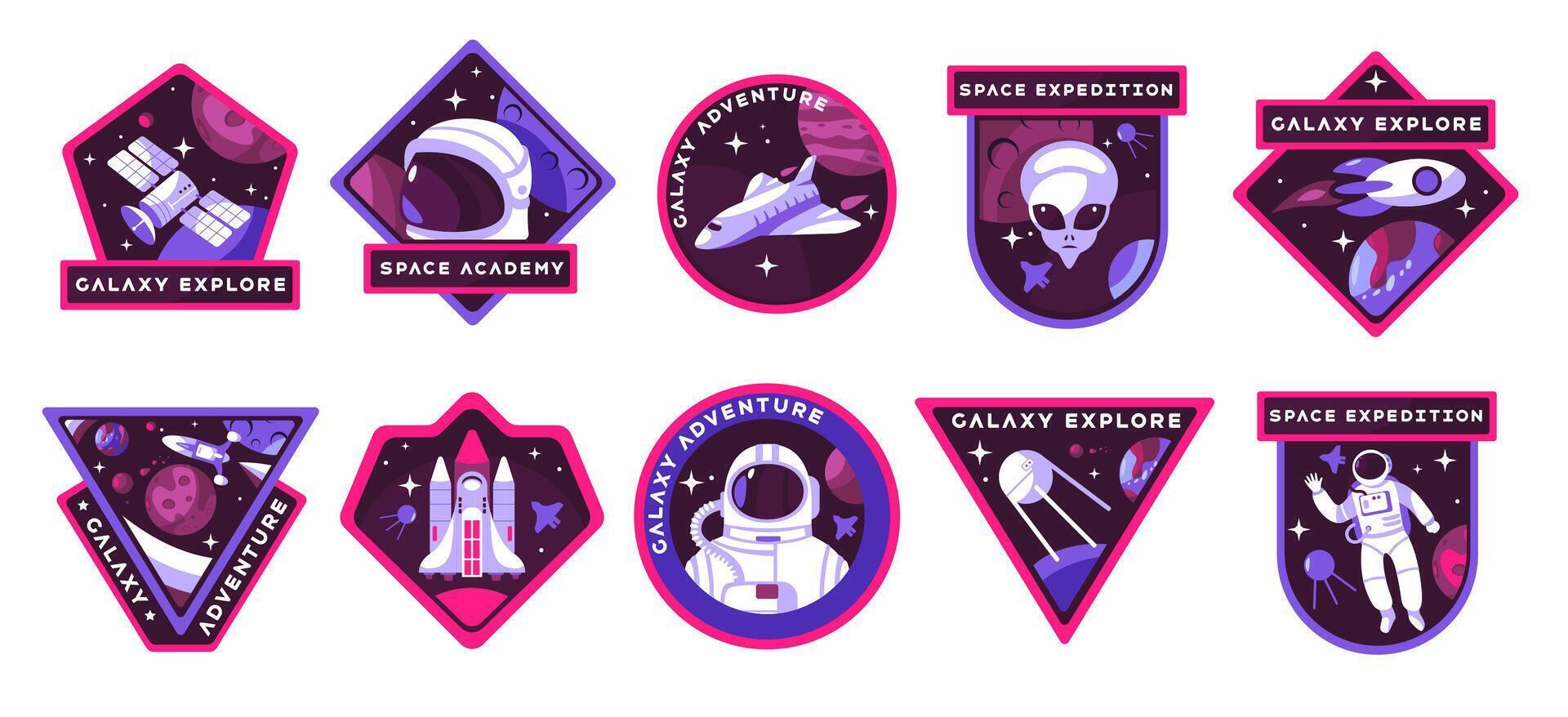 Space badge. Astronaut helmet with rocket and ufo, cartoon symbols of space exploration and travel, badge logo set vector