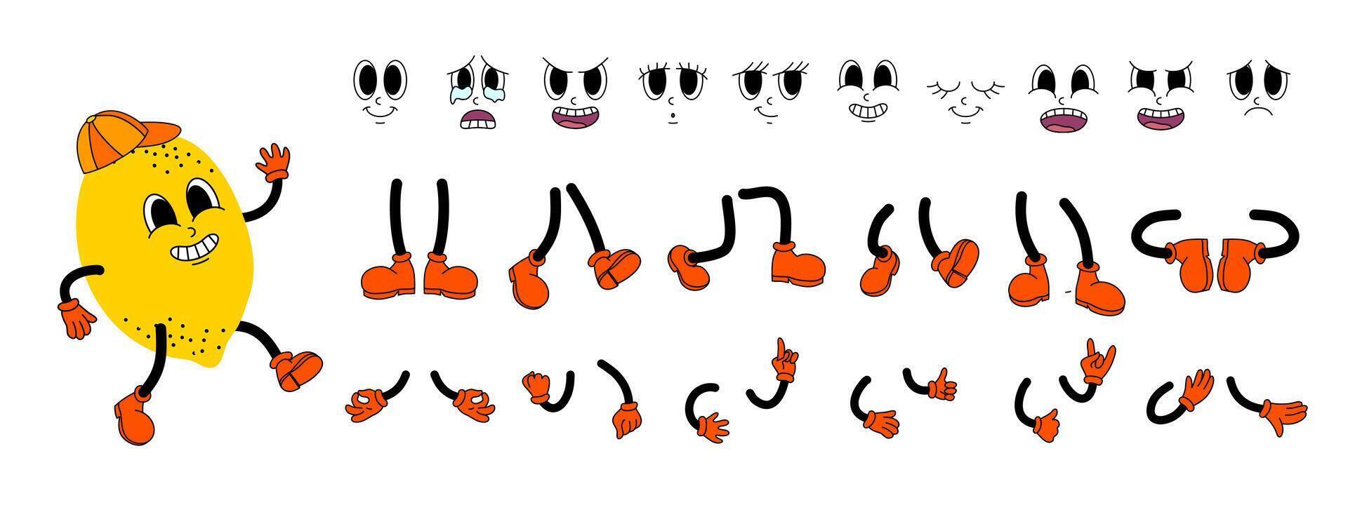 Cartoon Color Retro Groovy Lemon Character Set vector