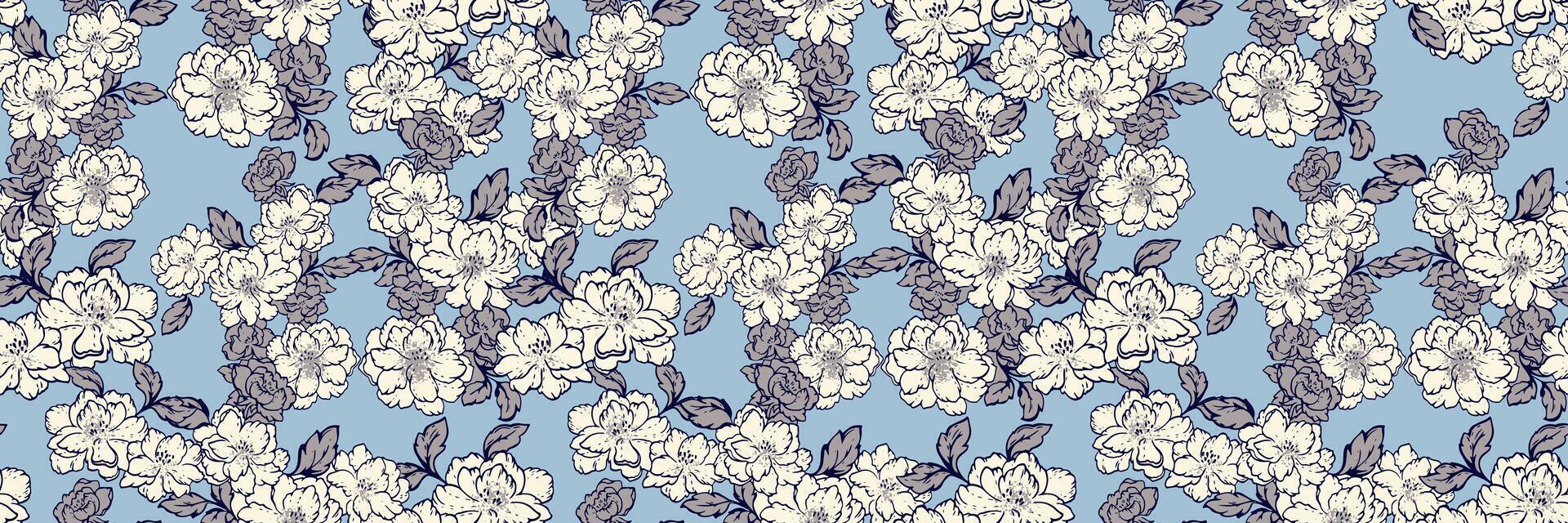 Blooming meadow pattern on a blue background. hand drawing. Abstract artistic florals. Stylized wild flowers with leaves seamless print. Ornament for designs, fabric, fashion vector