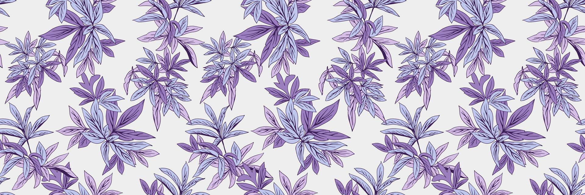 Seamless botanical pattern featuring delicate leaves in soft lavender and purple tones on a light background. Ideal for fabrics, stationery, and home decor, evoking a calm and elegant atmosphere. vector