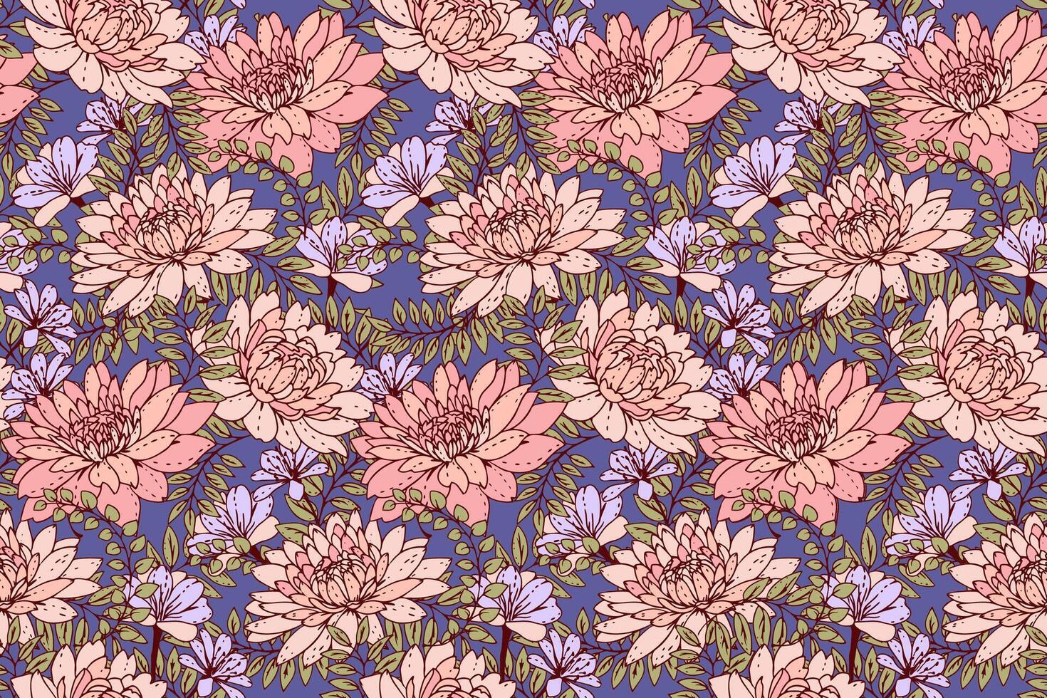 Seamless floral pattern. Blooming mixed with herbs, leaves and meadow plants. Summer or spring wildflowers print. drawn illustration. Nature ornament for designs, fabric, textiles vector