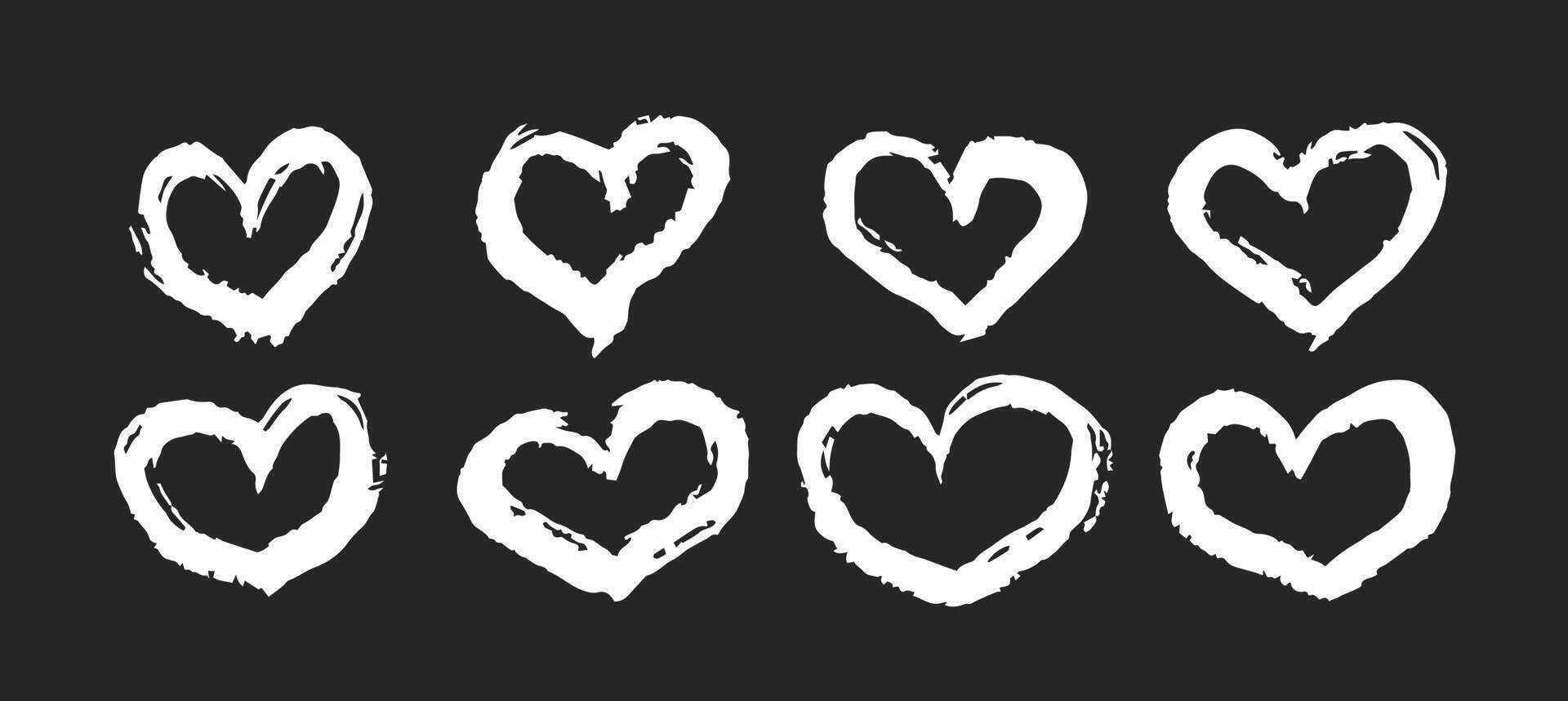 Ink doodle different hearts. Marker hand drawn pencil heart set. Love me, kiss. Charcoal symbol of love. design elements for Valentine Day isolated on black background vector