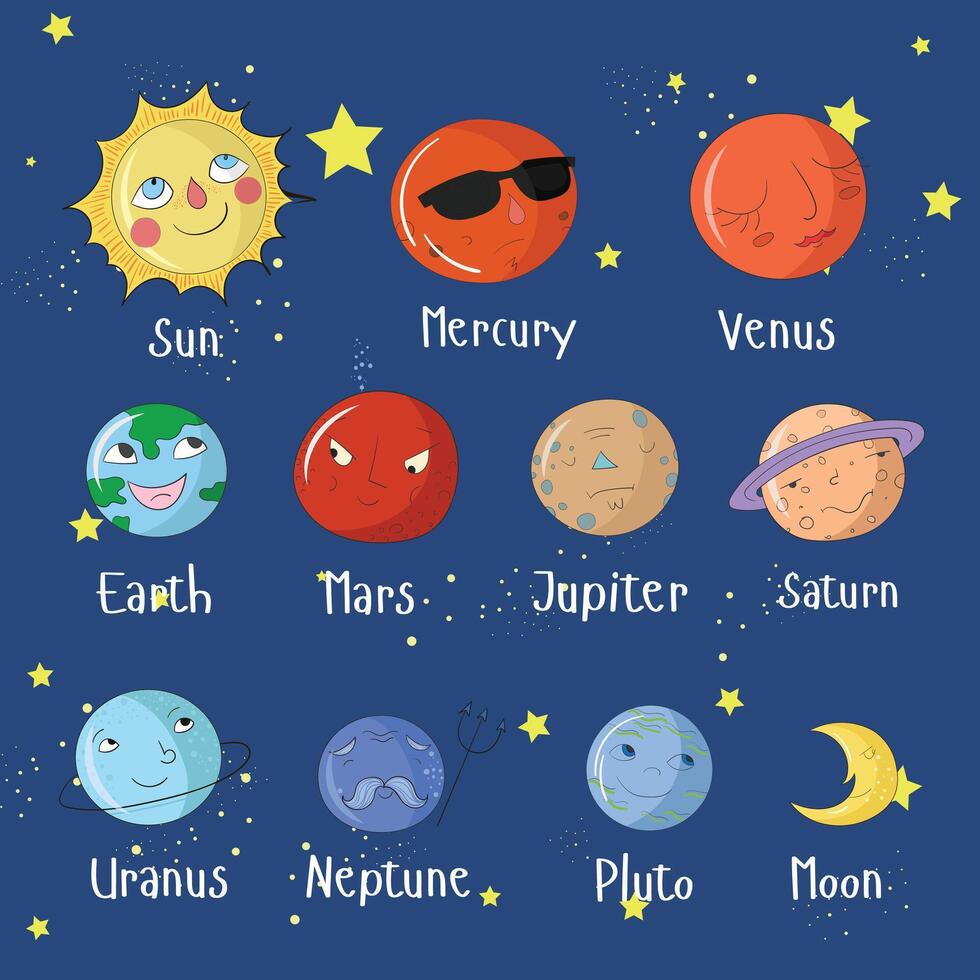Educational game for children learn planets of solar system doodle cartoon hand drawn illustration vector
