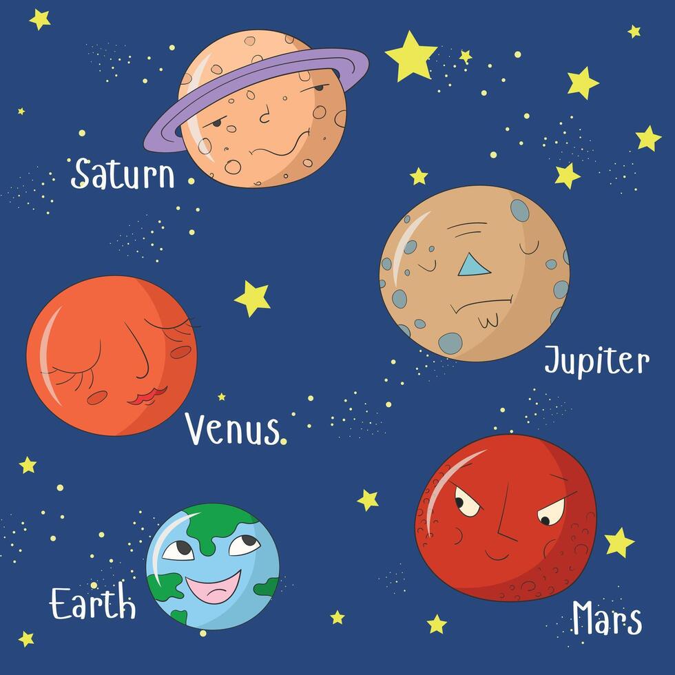 Educational game for children learn planets doodle cartoon hand drawn illustration vector