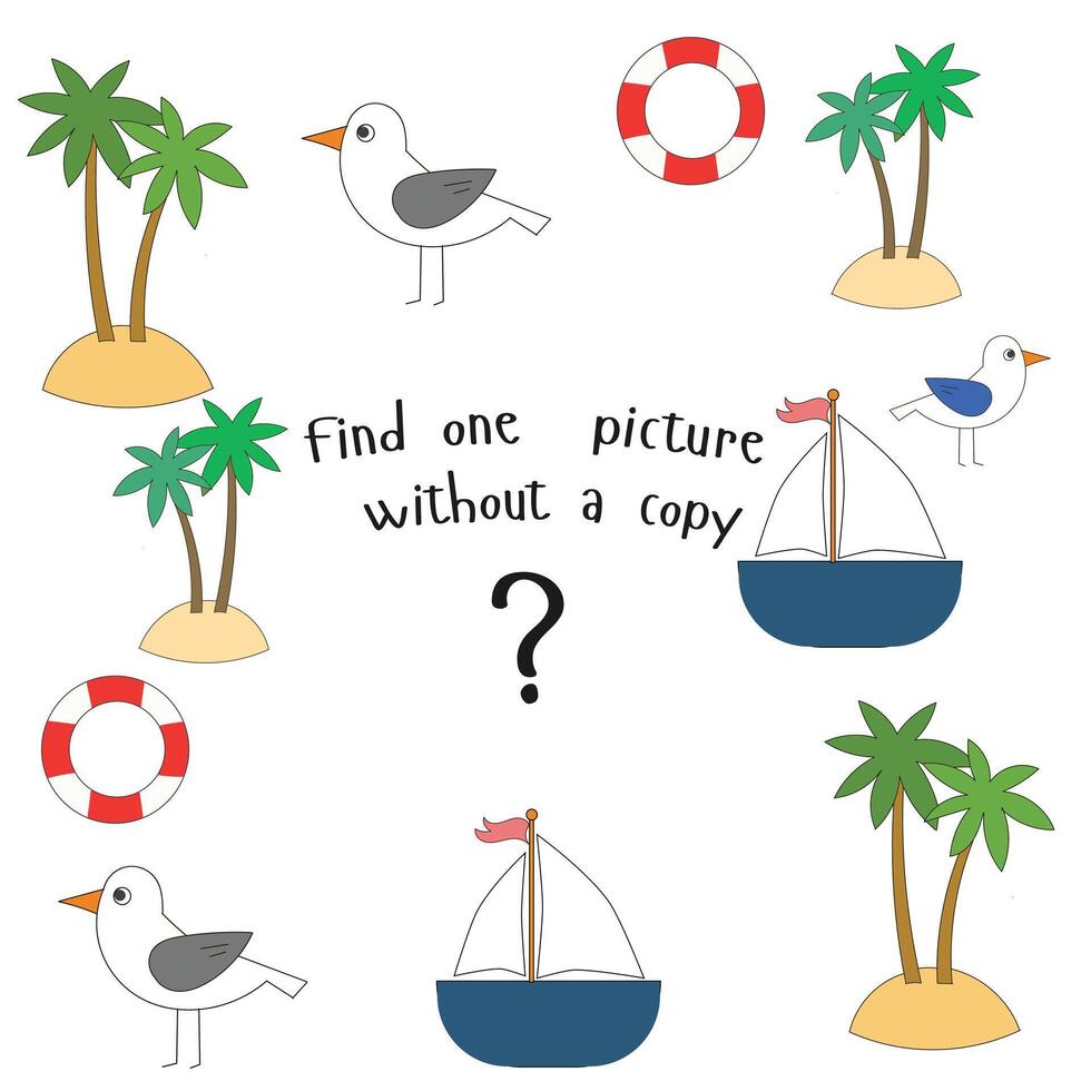 Educational game for children find picture without copy cartoon doodle hand drawn illustration vector