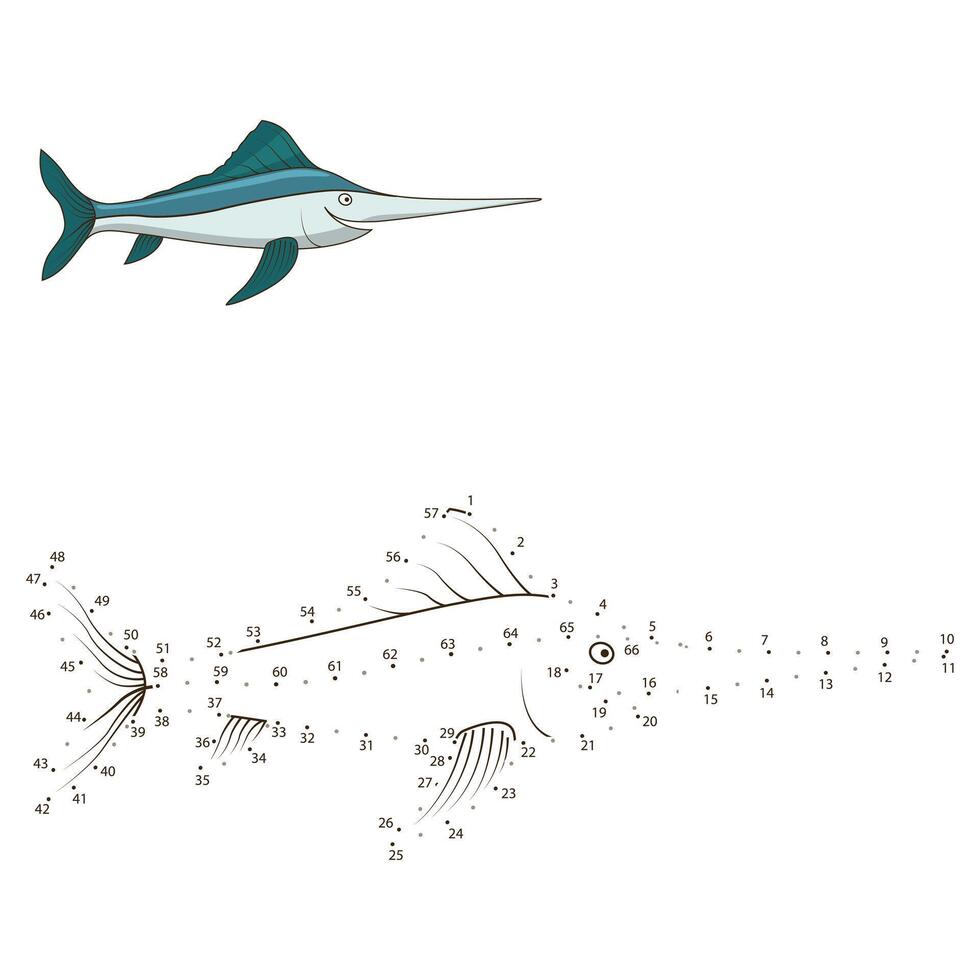 Connect the dots to draw the animal educational game for children swordfish illustration vector