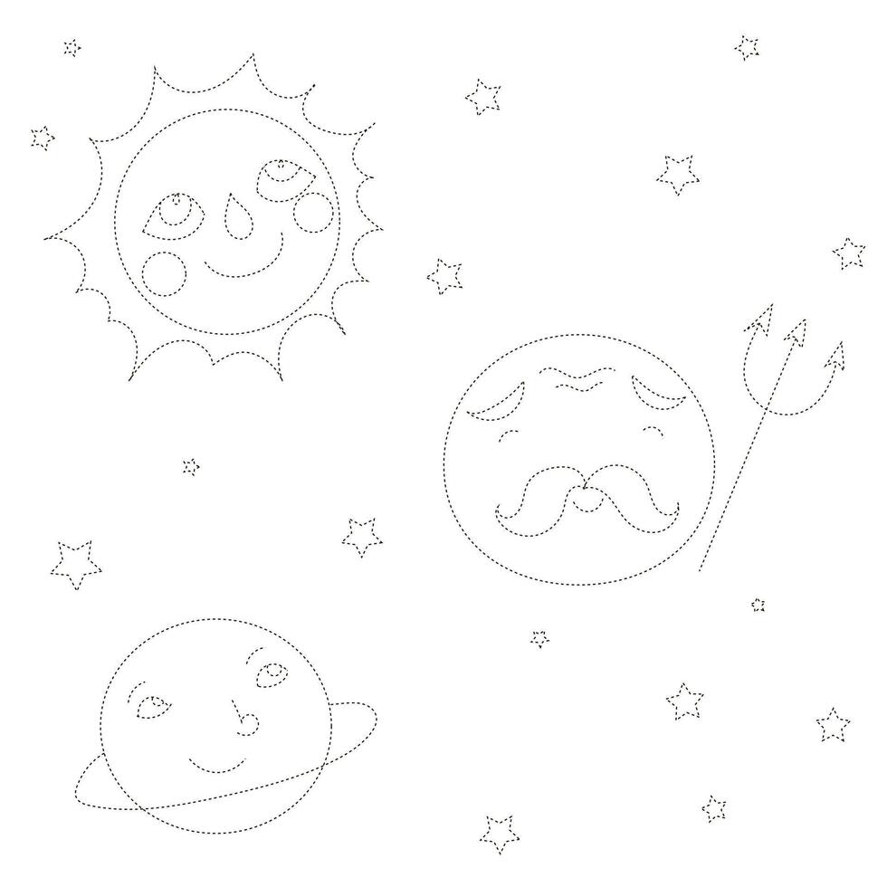 Educational game connect the dots to draw planets cartoon doodle hand drawn illustration vector