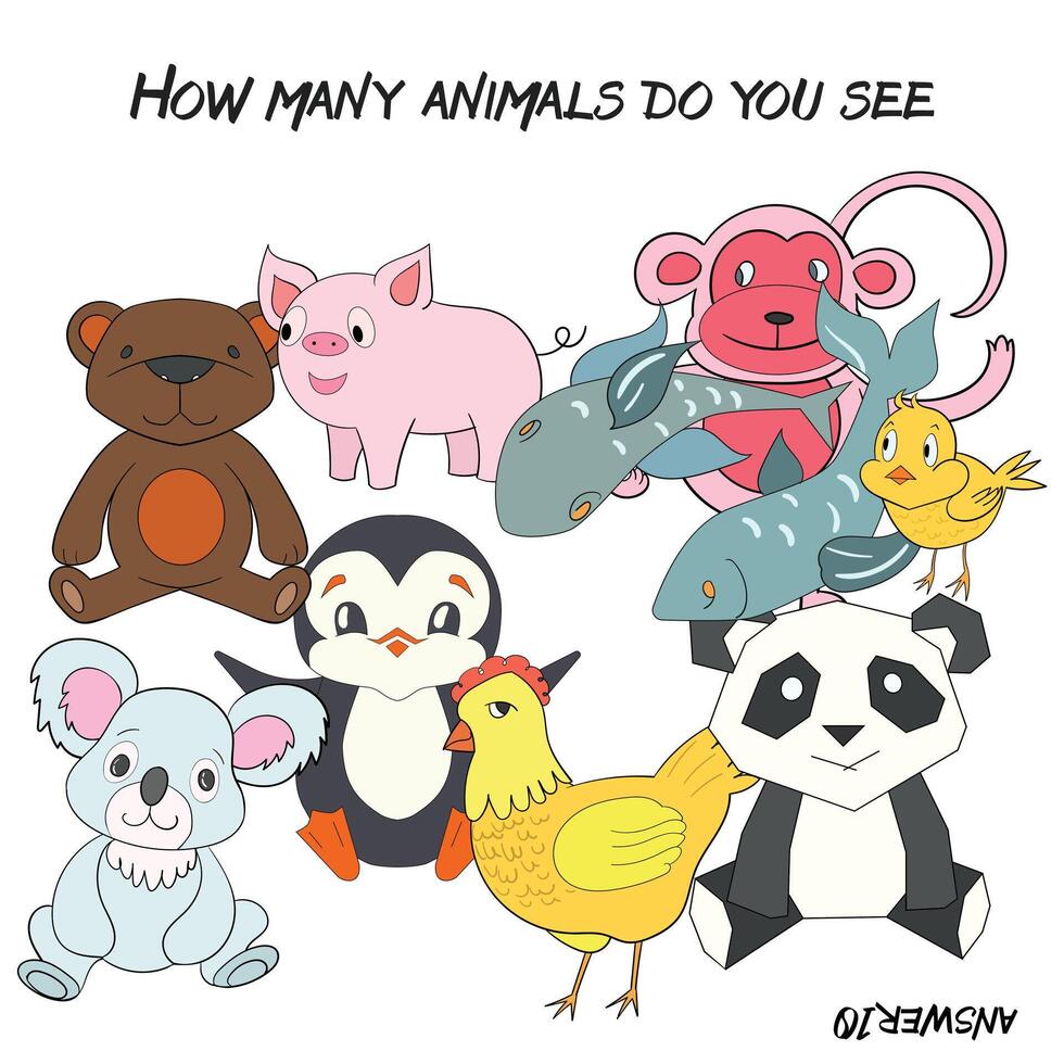 Educational game for children how many animals do you see hand drawn cartoon doodle illustration vector
