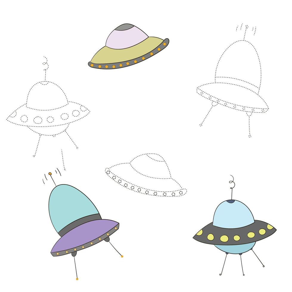 Educational game connect the dots to draw UFO cartoon doodle hand drawn illustration vector