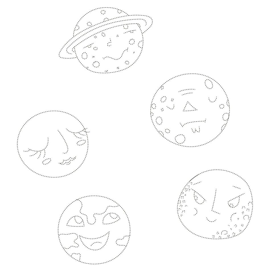 Educational game for children connect the dots to draw planets cartoon doodle hand drawn illustration vector