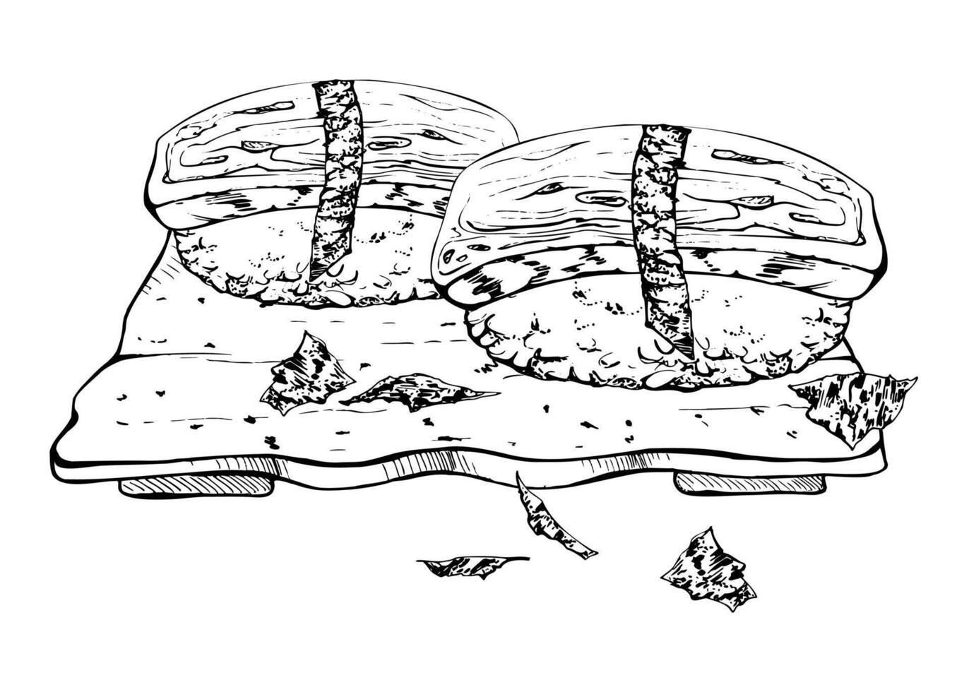Japanese food nigiri sushi set on ceramic plate with tamagoyaki omelette on rice ball, nori flakes, hand drawn in pen and ink. Illustration for restaurant, cafe menu, kitchen print, recipe book vector