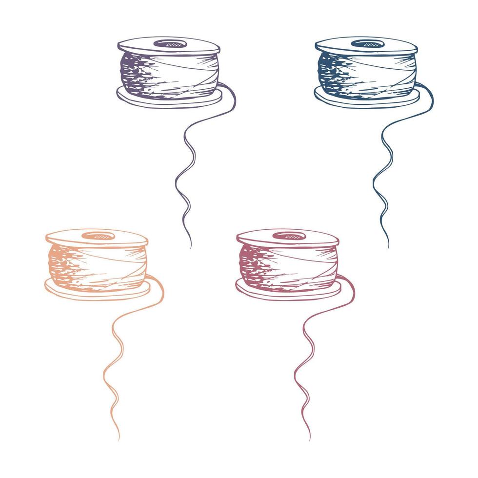 Thread bobbins spools skeins yarn. Hand drawn ink illustration sewing craft embroidery stitching supplies. Set of isolated objects on white background. Design atelier, tailor, hobby shop vector