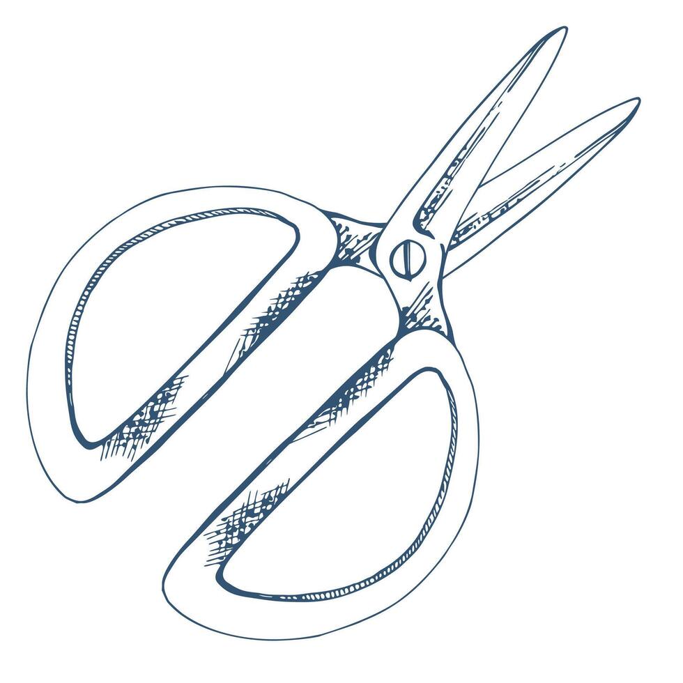 Fabric scissors shears thread cutting snips. Hand drawn ink illustration sewing craft embroidery supplies tools. Single object isolated on white background. Design atelier, tailor, hobby shop vector