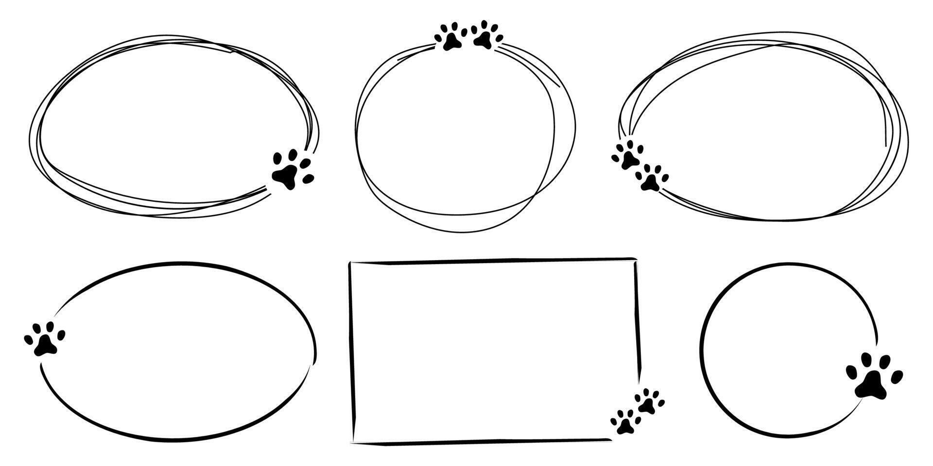 Line frame with cute pet foot print stamp, pawprint decoration. Cat or dog paw doodle border. Hand drawn sketch. vector