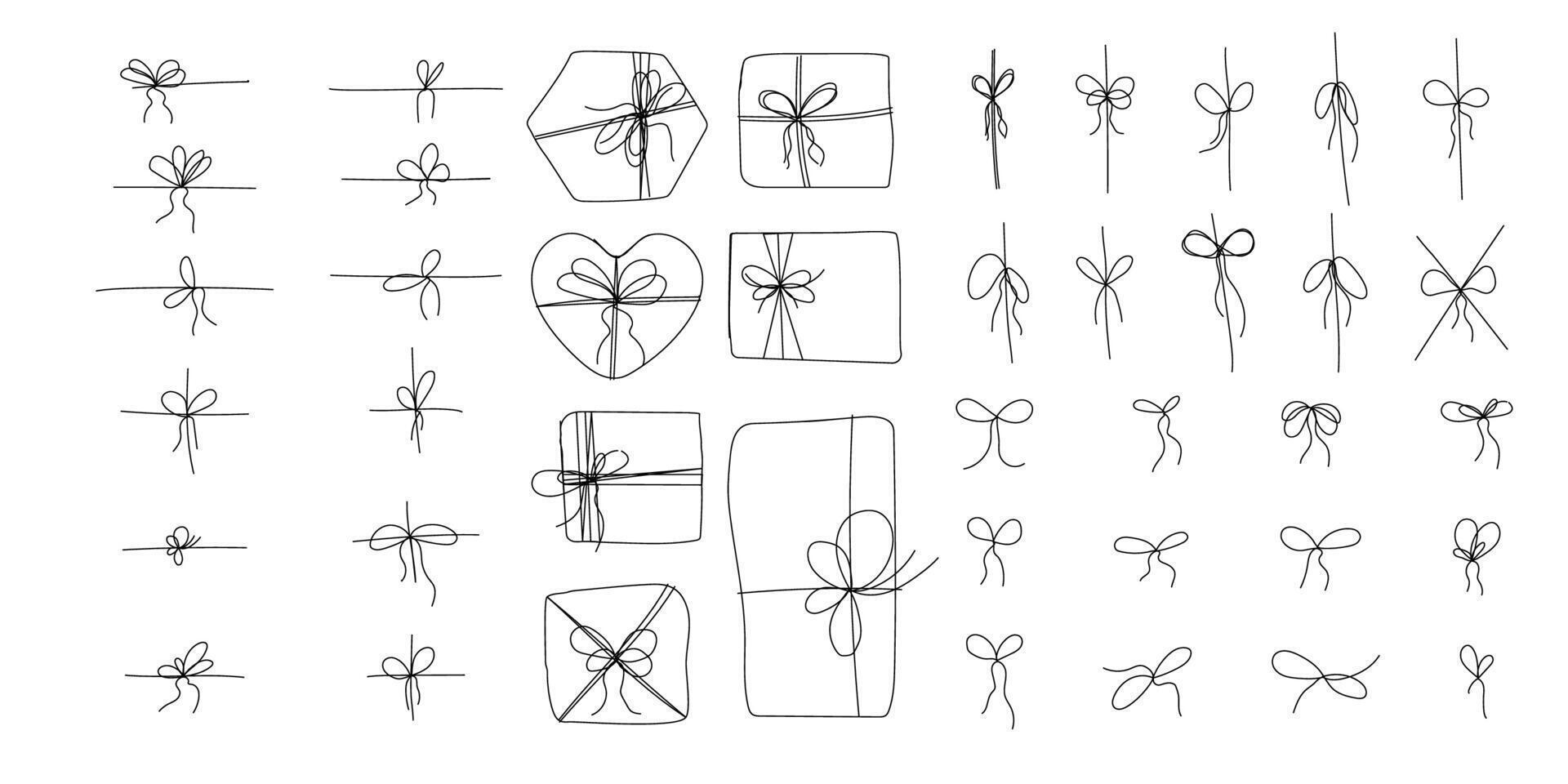 Simple bows on ribbon thin line, Bowknot for package. Set gift ribbon, doodle stroke minimal decoration. Present, package rope, wedding elements vector
