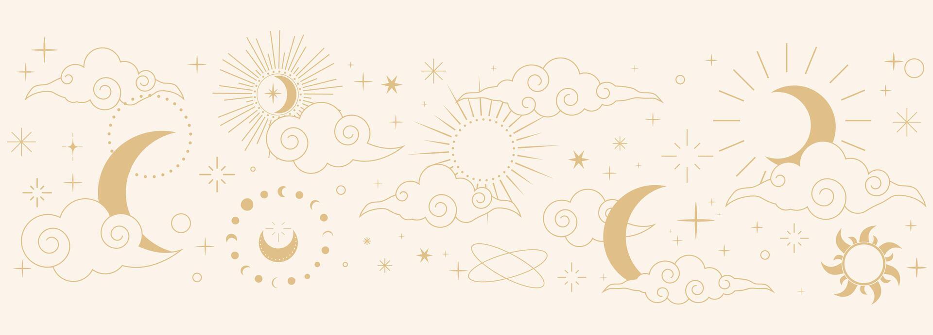 Celestial seamless border, witch spiritual decoration with asian clouds moon, sun burst and stars. line astrology pattern, minimal geometric background. vector