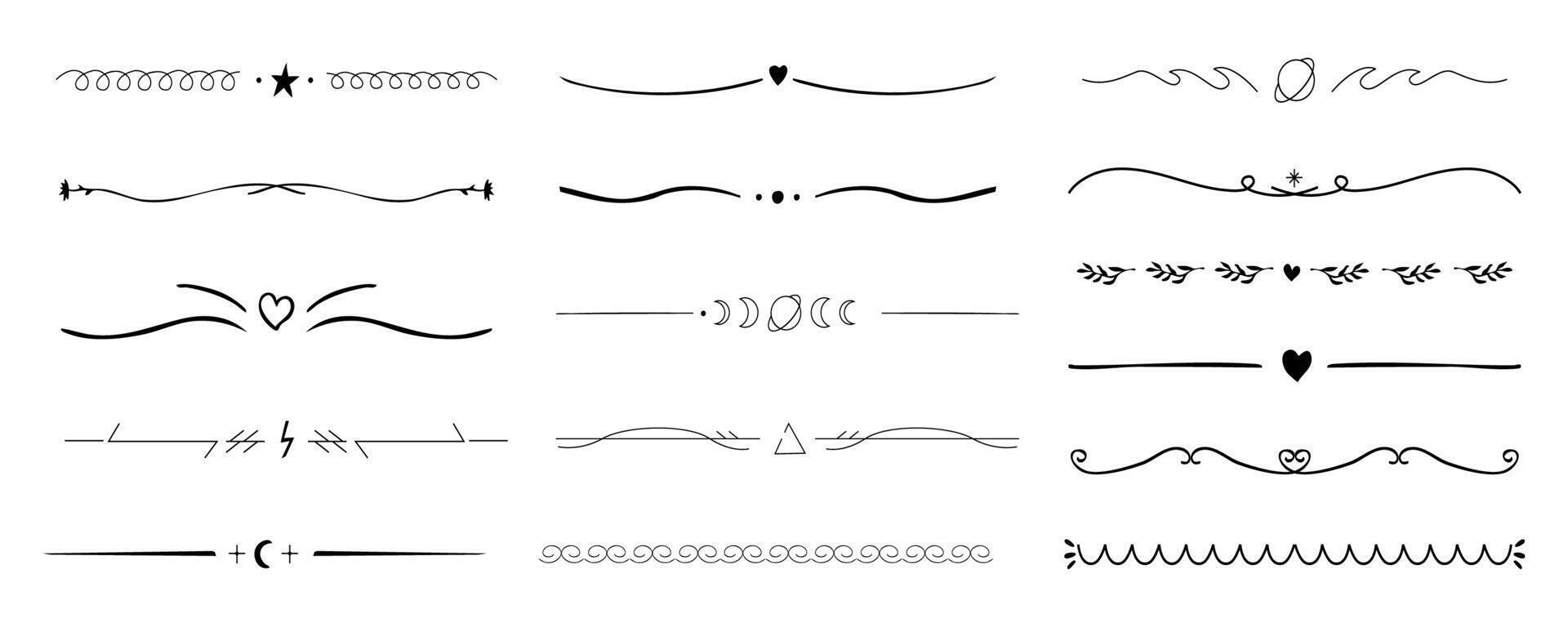 Swirl line divider, doodle decorative fancy ornament border, simple hand drawn frame. Retro curve set flourish thin decorations. vector