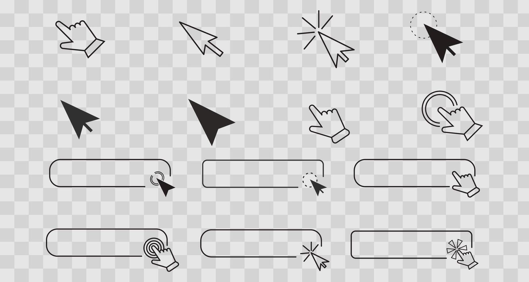 Click here line frame, interface bar with cursor arrow or hand. Ui element search, buy field, link. button for click. Push banner simple icon. vector