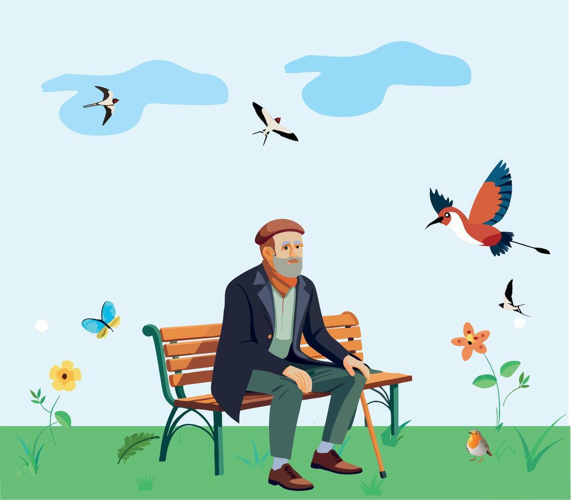 An old man sitting on a bench with birds flying around him vector