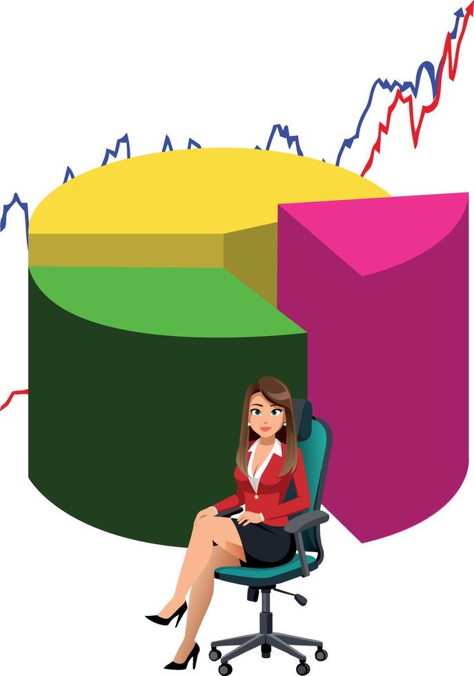 Businesswoman representing economic success sitting on a chair with a growing pie chart and a positive trend line vector