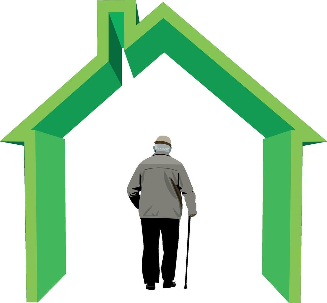 Elderly man walking towards green house symbol, senior citizen and housing concept vector