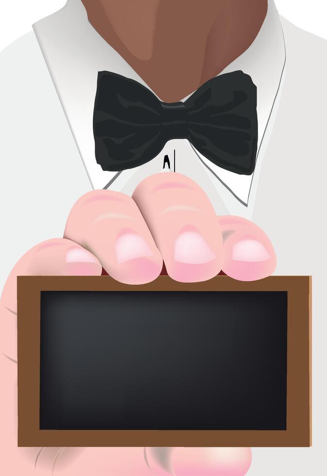 A waiter holding a blackboard with a bow tie vector