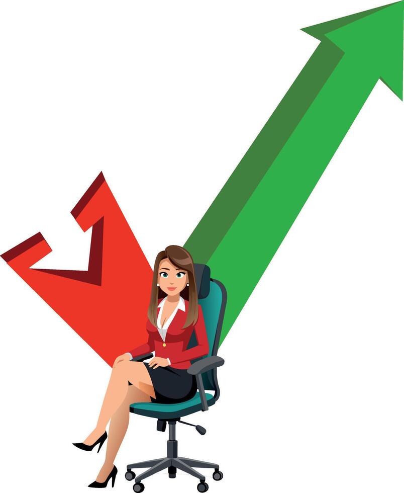 Businesswoman sitting on an office chair is analyzing market trends with a green up arrow and a red down arrow vector