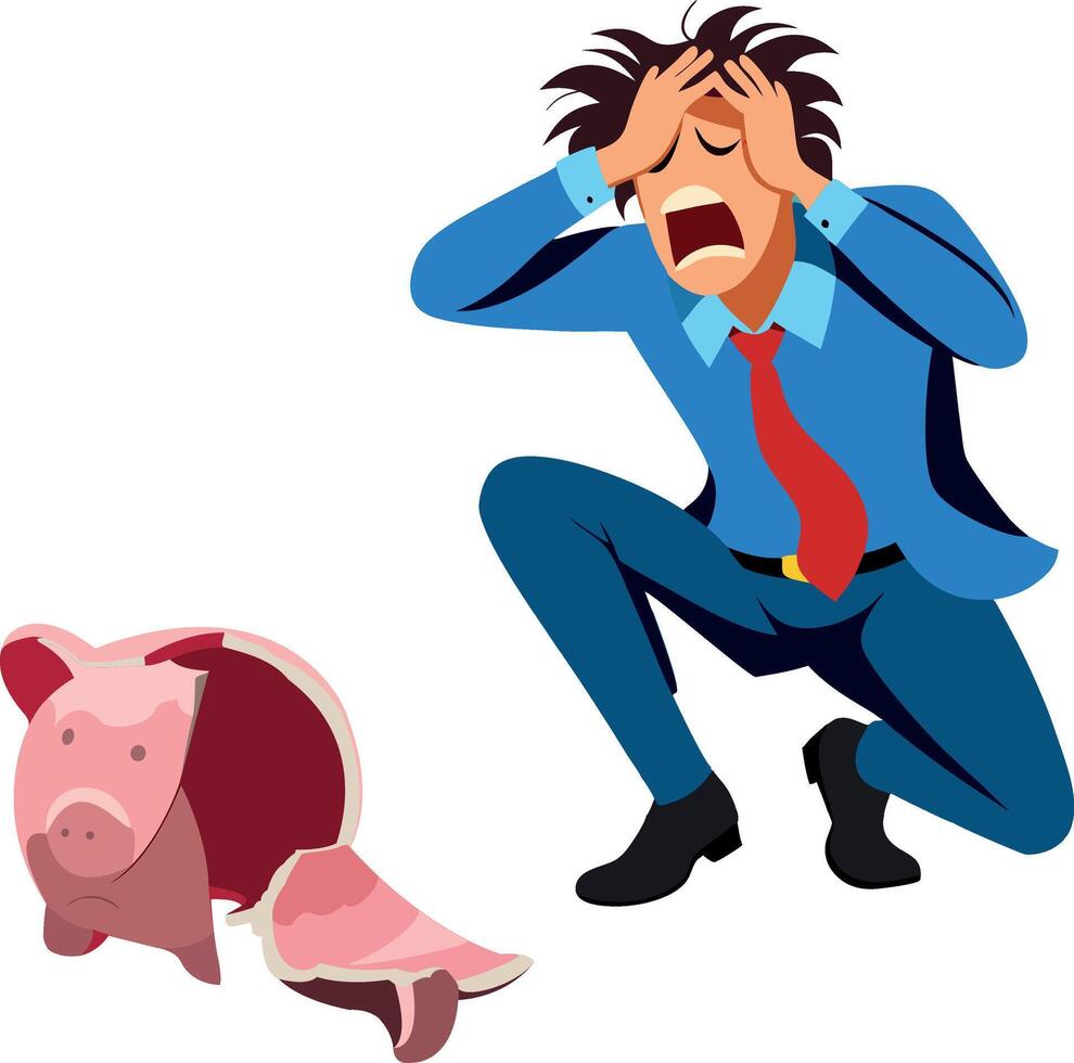 Desperate businessman holding his head after breaking piggy bank vector