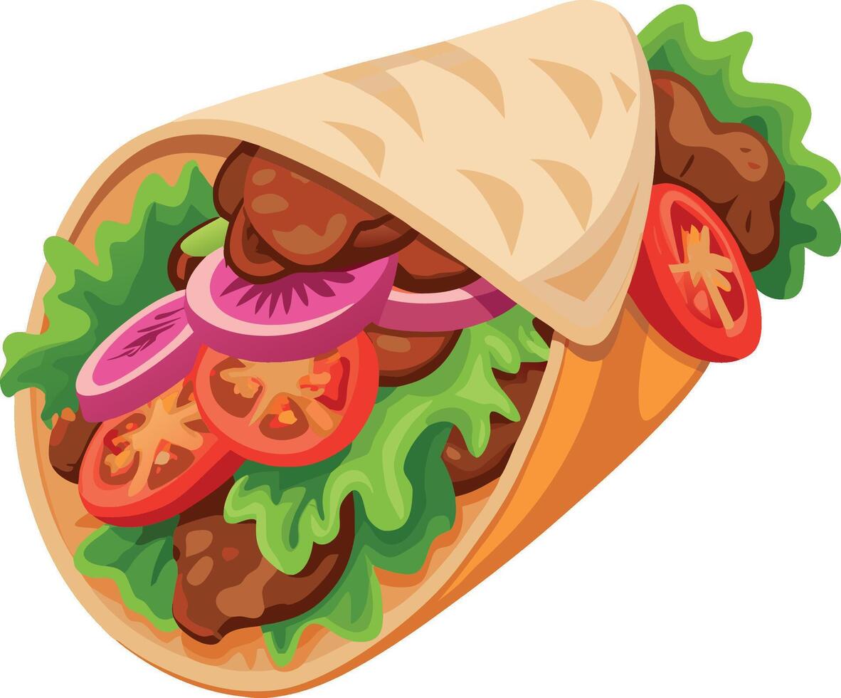 Delicious doner kebab wrapped in pita bread with fresh vegetables vector