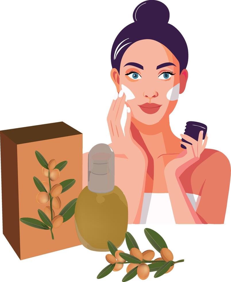Woman applying argan oil cream on face for skincare routine vector