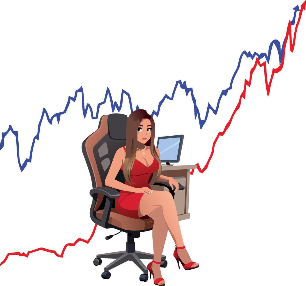 Successful businesswoman sitting on a chair with positive financial charts growing behind her, representing success in investment and finance vector