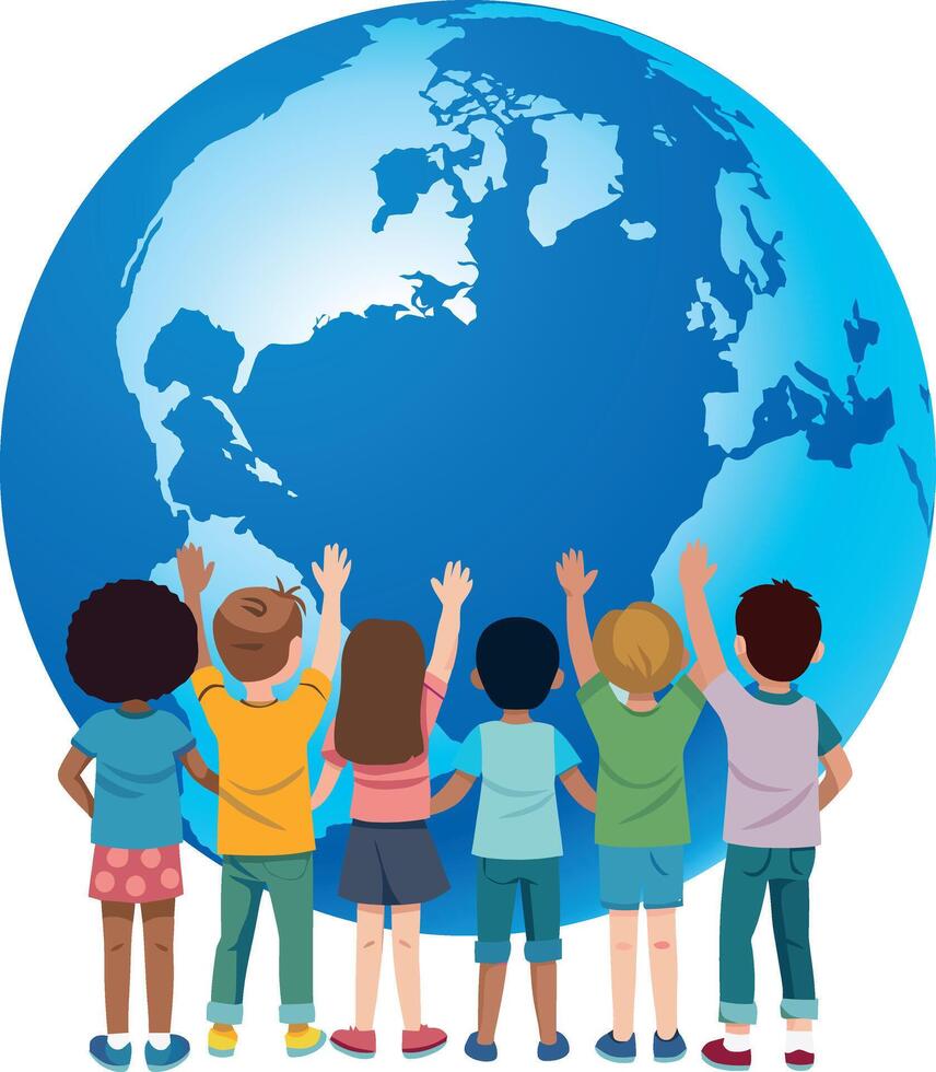 Children raising hands in front of planet earth globe, promoting global unity and environmental awareness vector
