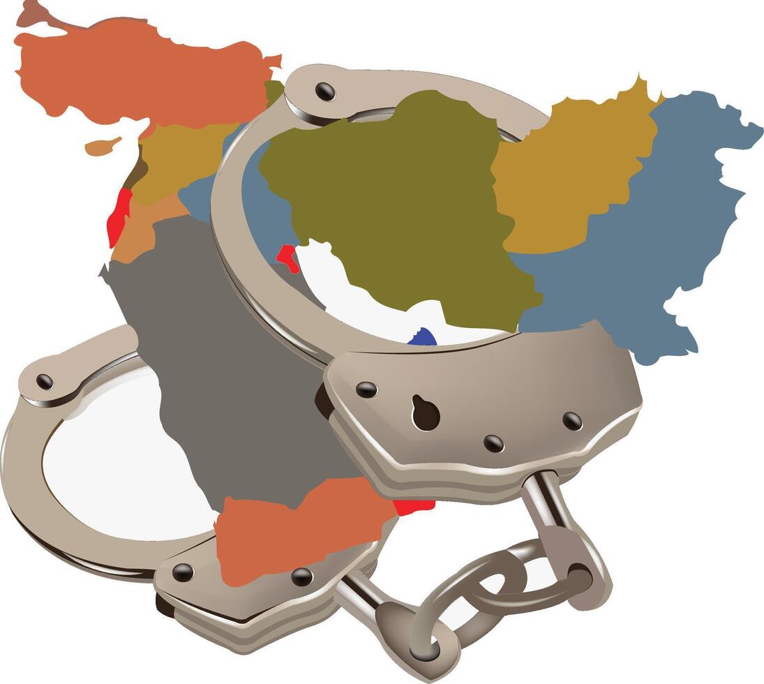 Handcuffs restraining multicolored map symbolizing political oppression vector