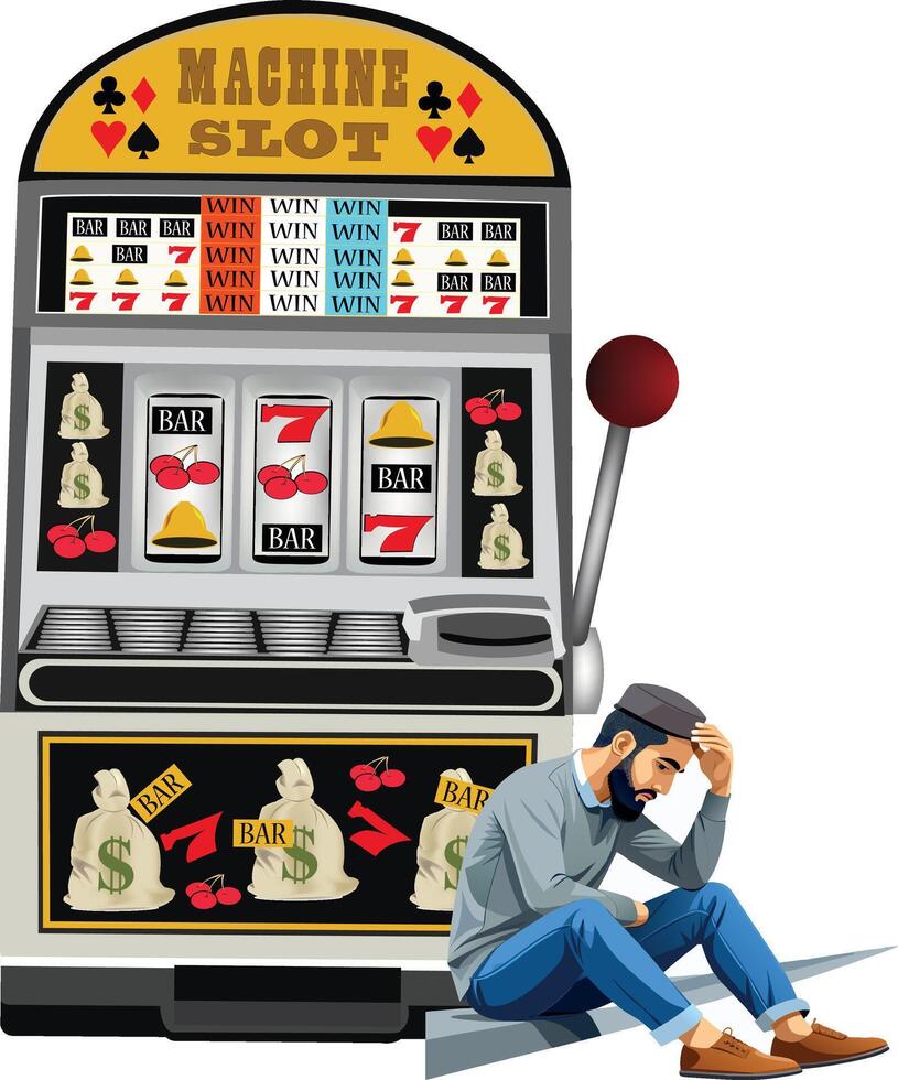 A man sitting on the ground next to a slot machine vector