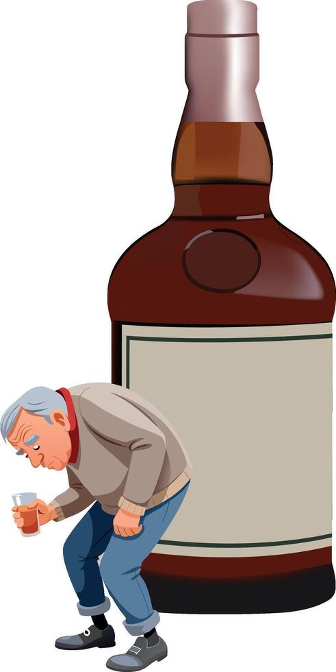 An old man is leaning over a bottle of whiskey vector